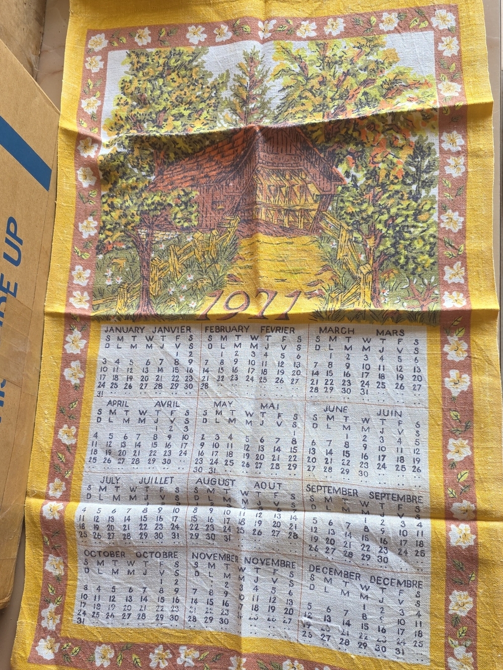 Vintage 1971 Calendar Tea Towel with Yellow Floral Border